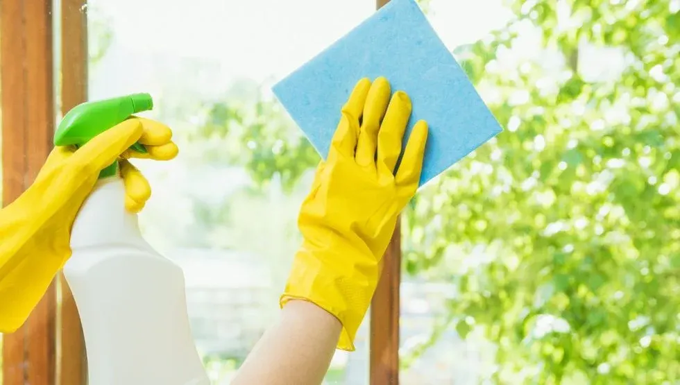 Gloved hands cleaning a window with a spray bottle