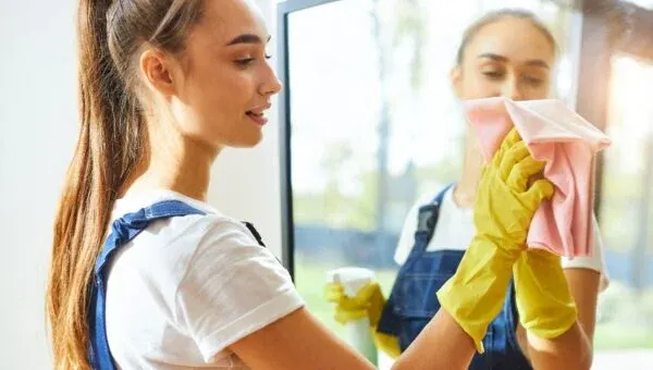 Cleaners wiping down a window